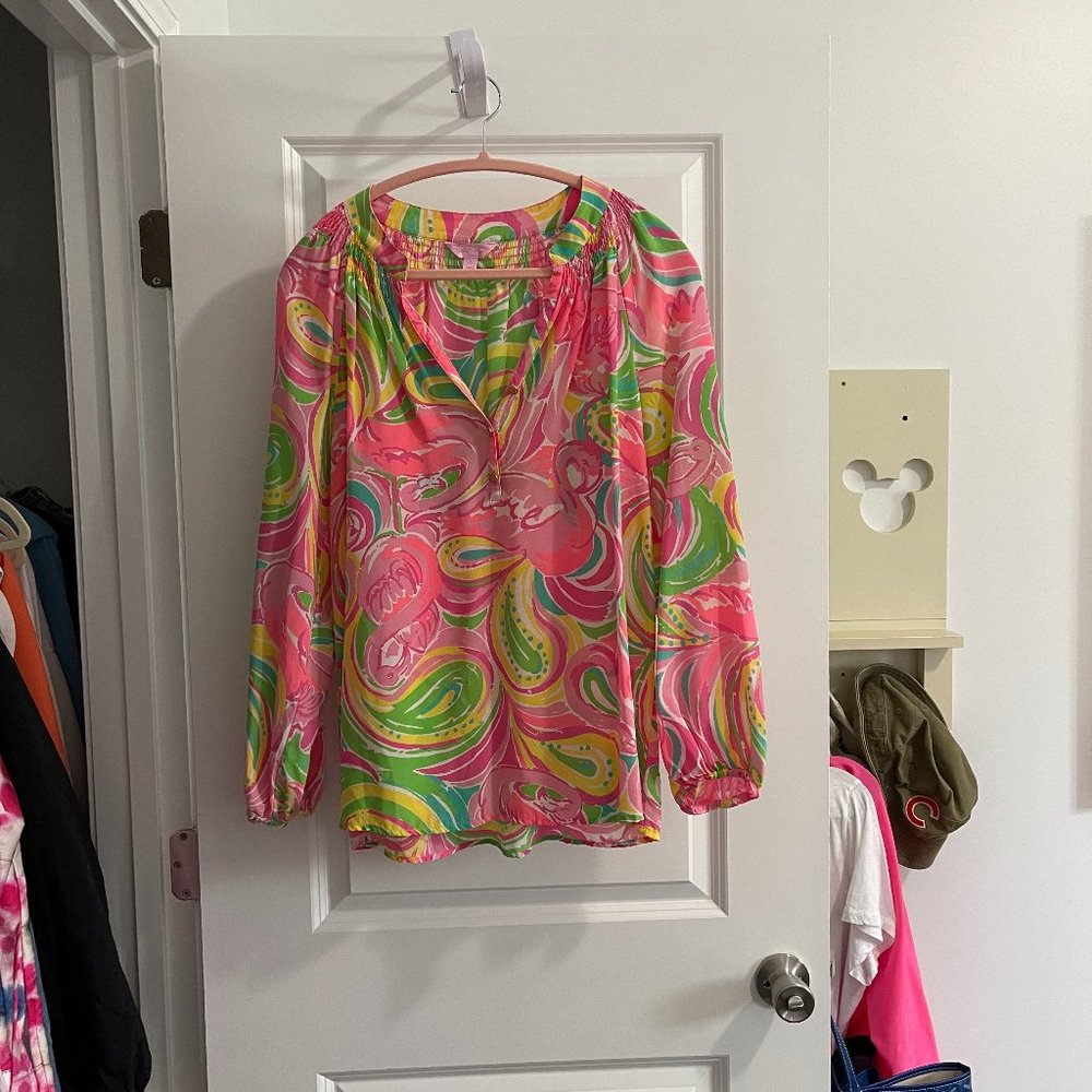 Women’s Lilly Pulitzer Multi All Nighter Elsa Blouse Top Silk Flamingo P…
